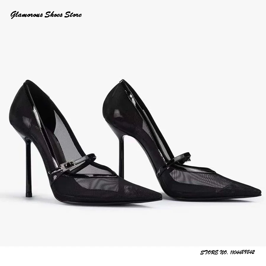 

Black Belt Buckle Air Mesh Pumps Women's Elegant Pointed Toe Thin High Heels Party Shoes Spring Summer Breathable Stilettos