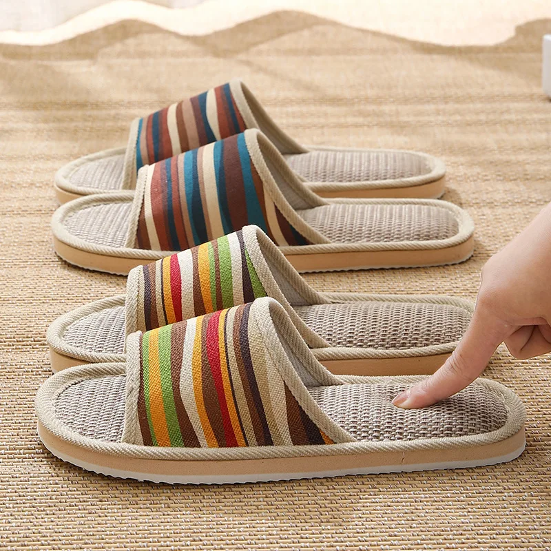 Four Season Couple's Multicolor Linen Slippers Women Indoor Striped Non-Slip Sandals Men Comfort Indoor Floor Breathable Slides