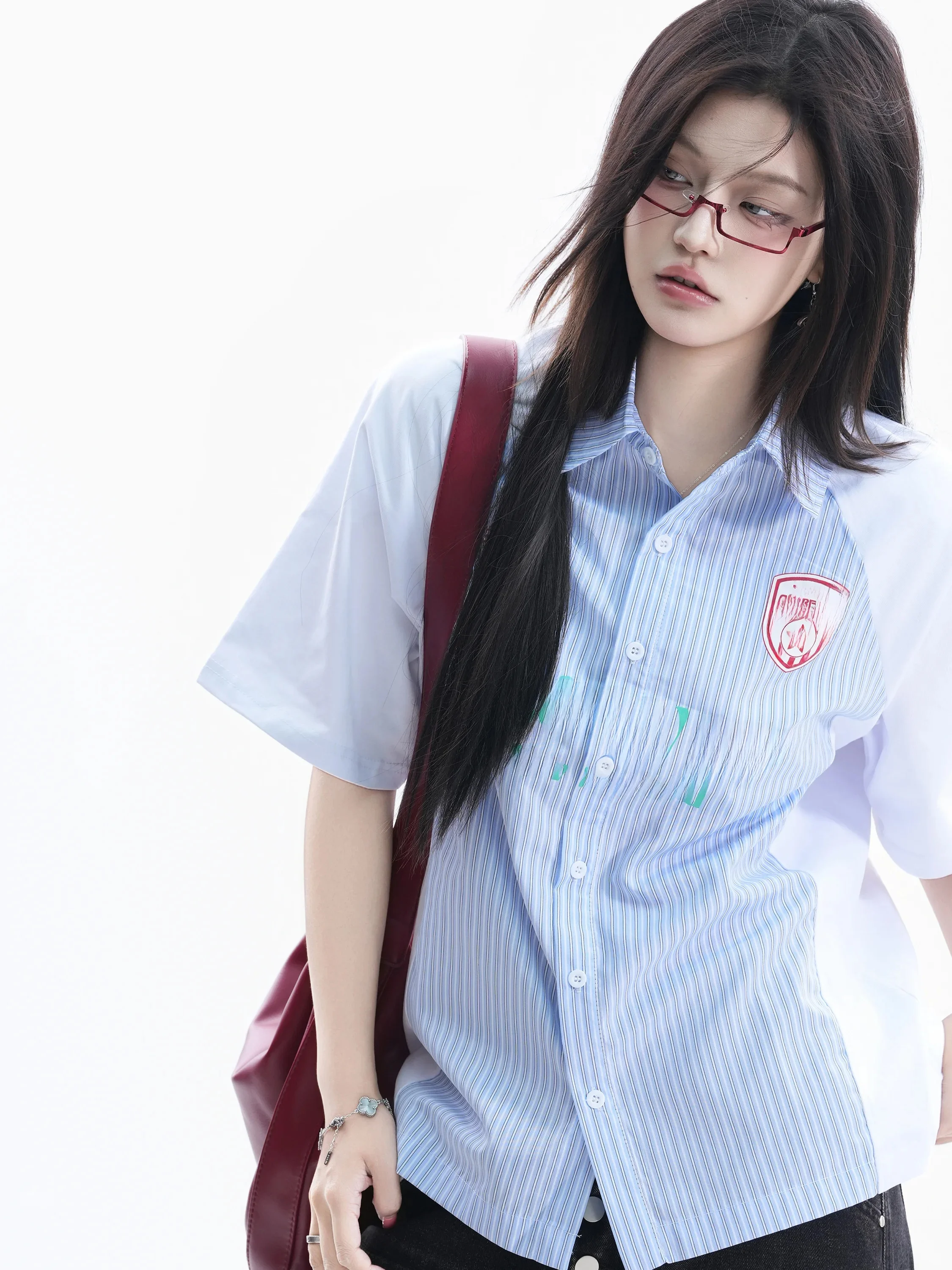 

Casual Loose Women's Short Sleeve Shirt Stripe Pattern Badge American Street Style Summer T-Shirt Couple's Casual Cotton Shirt