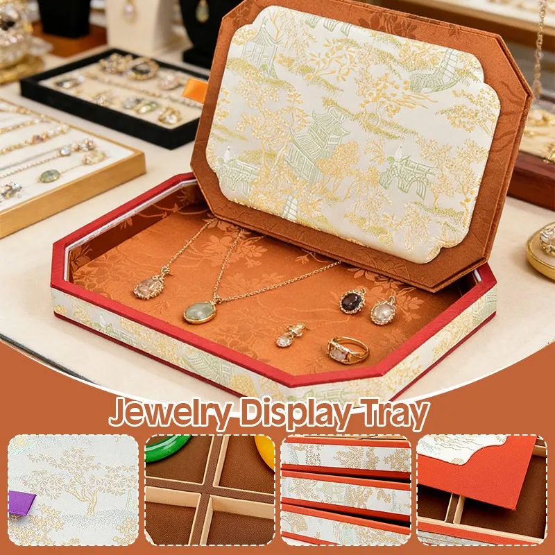 25x25x3.5cm Embroidered Jewelry Display Tray Organizer Palace Wind Belt Cover Jewelry Box Dustproof Ring Bracelet Storage Case