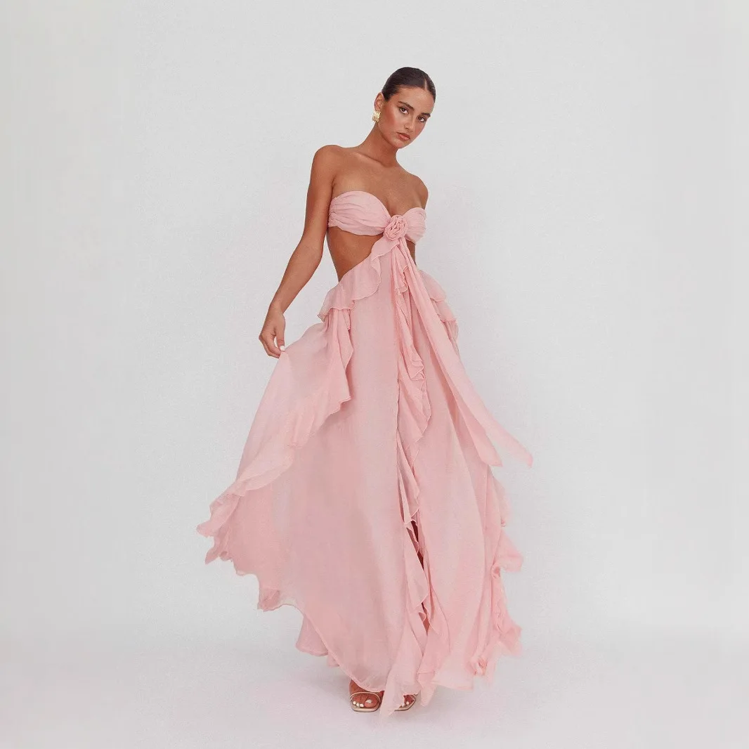 Mode Ruche Zomerjurk voor Vrouwen Sexy Uitgesneden Slanke Vakantie Feestjurken Roze Strapless Backless Party Fairy Jurk 2025
