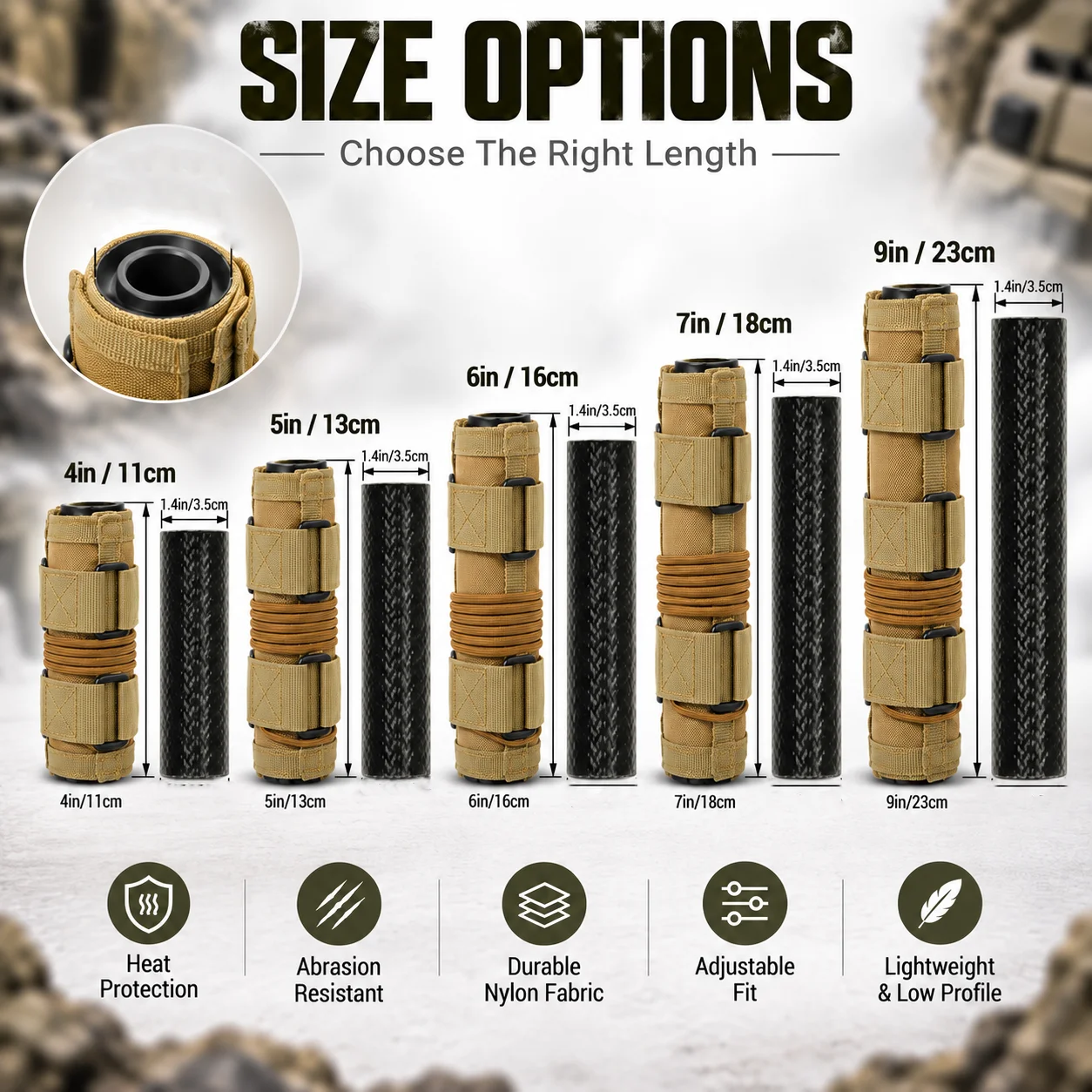 Heat Resistant Nylon Suppressor Cover Adjustable Sleeve Wrap 4/5/6/7/9 Inch for Airsoft Outdoor Training Barrel Gear Accessory