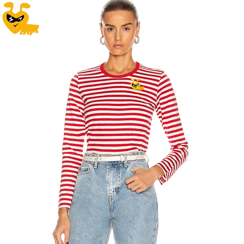 Break Egg Women T-shirt Stripe Cotton Cartoon Cute Glasses Ant Embroidery O-Neck Long Sleeve Straight Spring Autumn T-Shirt