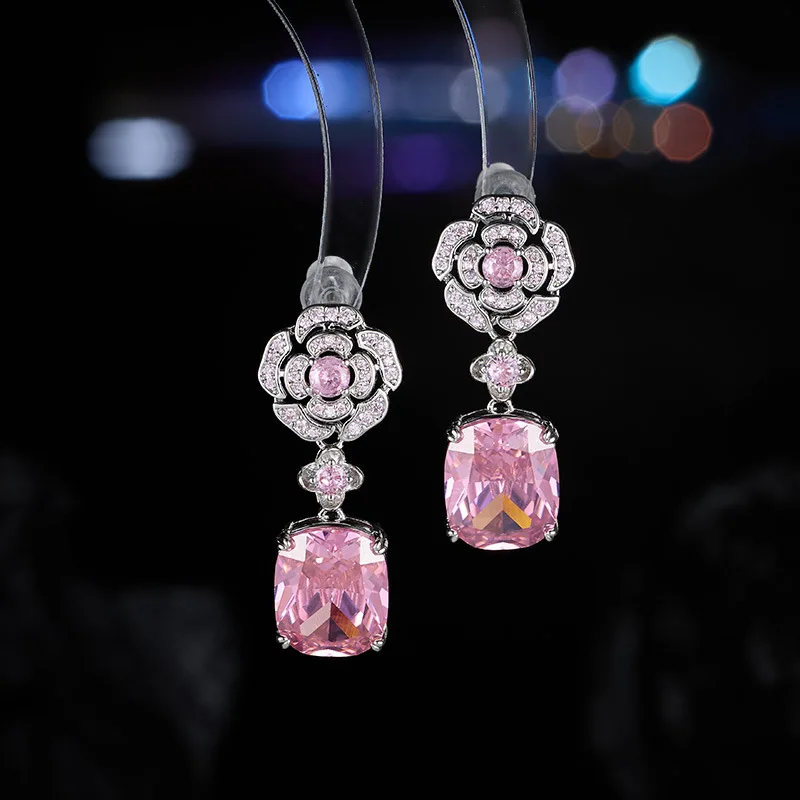 flower earrings for women sweet jewelry purple pink square block drop earrings daily wear dinner party zirconia jewelry
