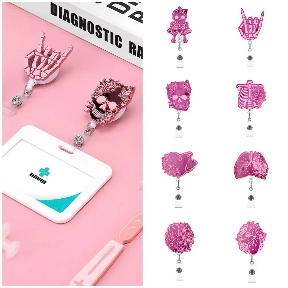 Skull Nurse Retractable Badge Reel ID Card Clips Acrylic Name Card Holder 360 Rotating Alligator Clip Pink Hospital Badge Holder