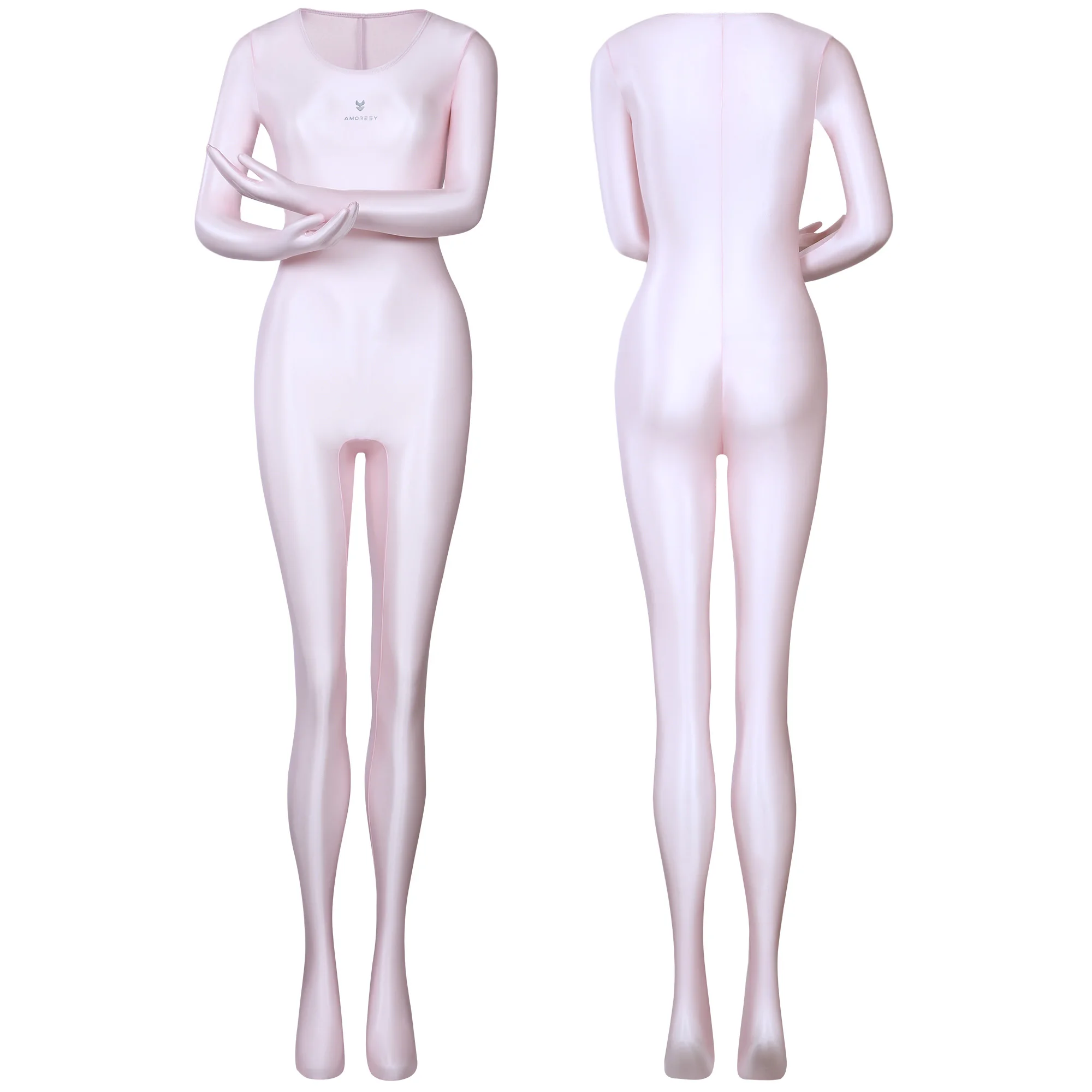 AMORESY dünner, glänzender, ölig glatter, farbenfroher Ganzkörper-Jumpsuit, einfarbig, Rundhalsausschnitt mit Handschuhen, lange Ärmel, Strumpfhose – Detail 12
