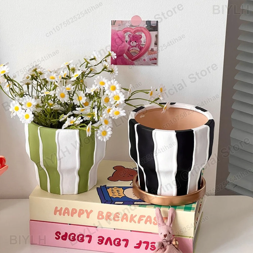Colorful Stripes Ceramic Vase Green Plant Pots Table Decoration Ornament Flower Arrangement Floral Vase Room Aesthetic Decor