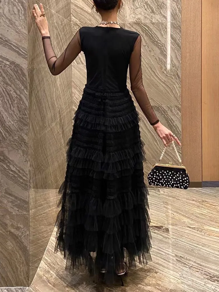 TWOTWINSTYLE Patchwork Mesh Dresses For Women V Neck Long Sleeve High Waist Hollow Out Solid A Line Elegant Dress Female Fashion