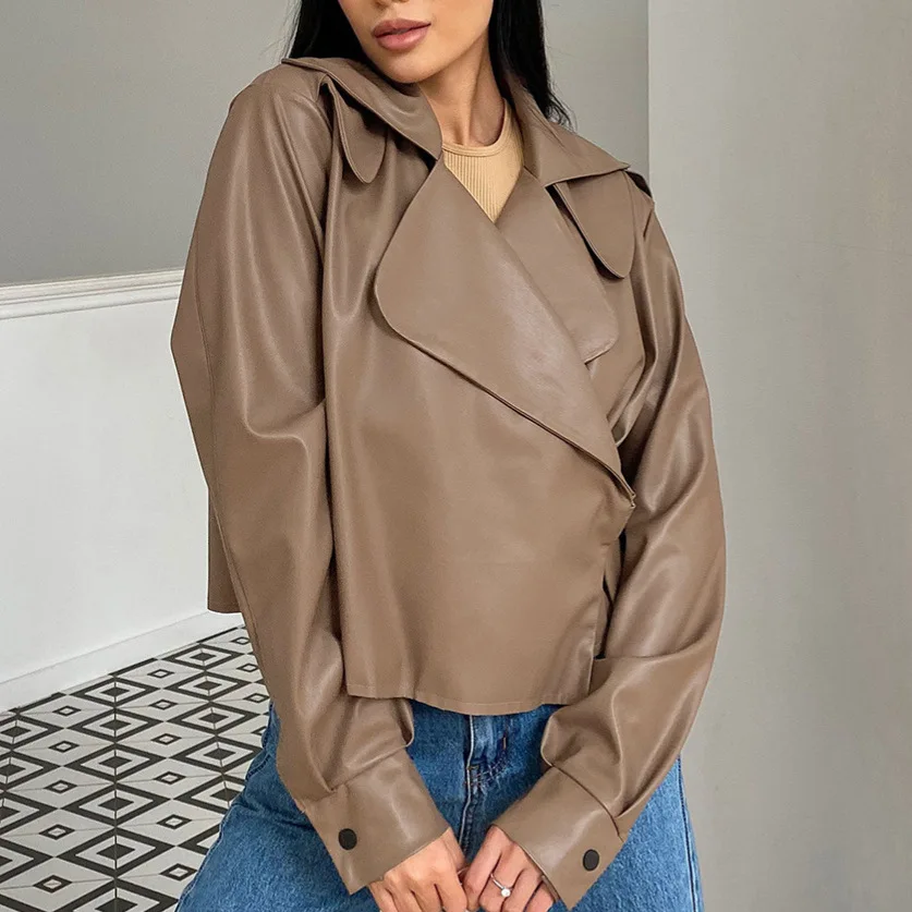 ヴィンテージアメリカンバイカージャケット女性フェイクレザーコート冬暖かいスリムフィット大きな襟スタイリッシュ