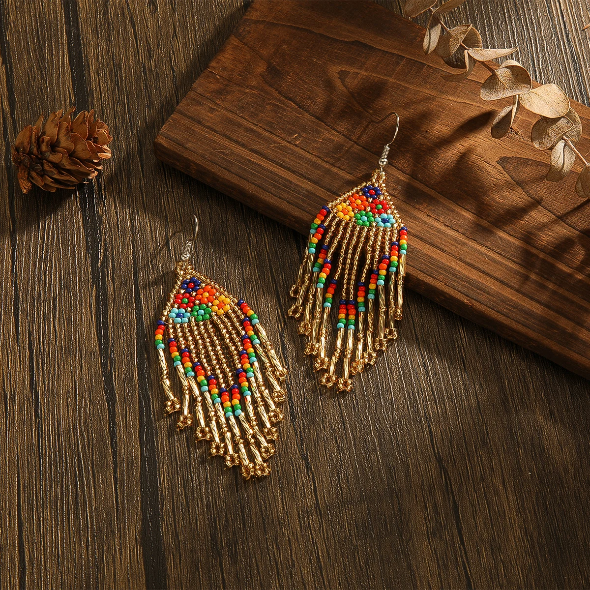 ZGMXR Rice bead earrings Flowers colours  rainbow Trend Restoring ancient ways Hand woven Alloy Female Bohemia Tassel Beaded