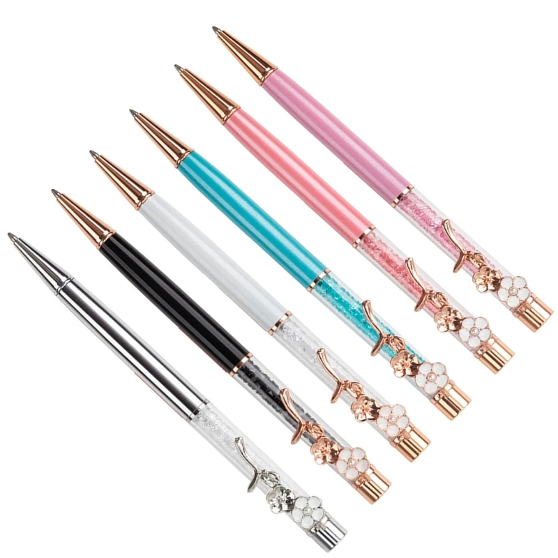 6Pcs Crystal Ballpoint Pen with Flower Pen Clip Crystal Signing Pen Twist Action