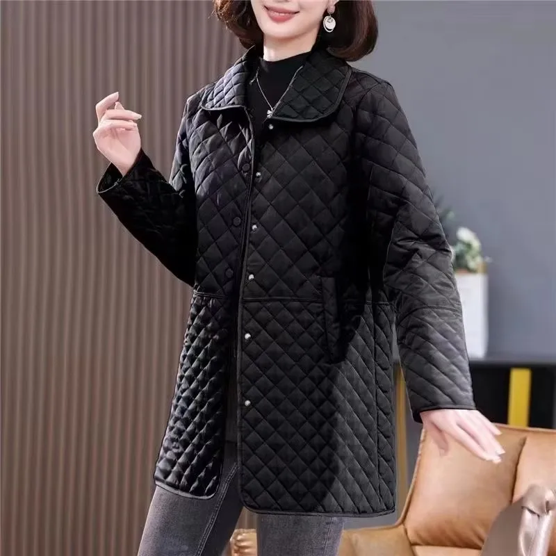 Women Spring Autumn Jacket New Casual Light Thin Cotton Coat High End Diamond Plaid Cotton Jacket 6XL Female Casual Tops Outwear