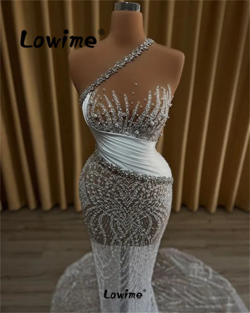 Silver Mermaid Prom Dress Crystals Beaded Long Round Train Evening Gowns Arabic Sheer Neck Robes 2024 Party Dresses Customize