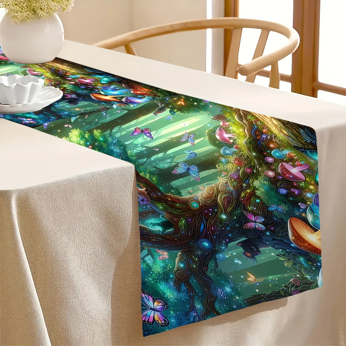 Enchanted Forest Fairy Tale Table Runner - Vibrant Mushrooms Butterfly Motif Decoration for Dining Coffee Table Home Party