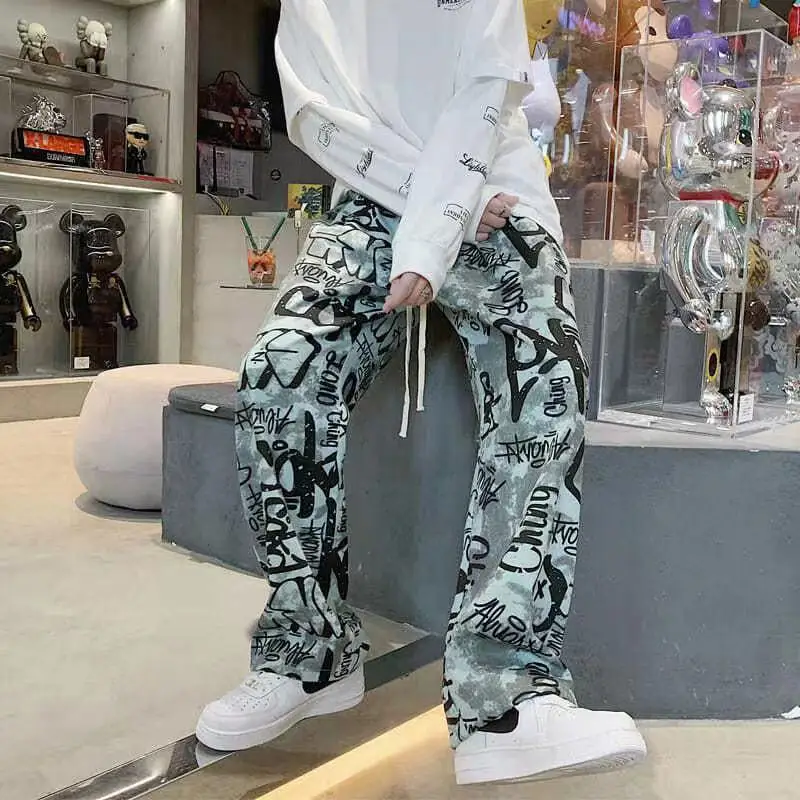 Pantalon streetwear Y2K pour hommes, style américain, graffiti adt, lettre imprimée, décontracté, fjVintage, droit, long