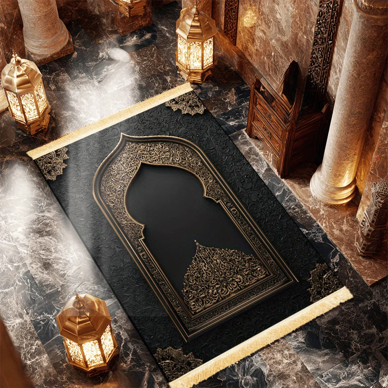 VIKAMA Islamic Prayer Rug with Black Gold Retro Arch Tassel Worship Mat for Home Religious Rituals Lightweight Foldable