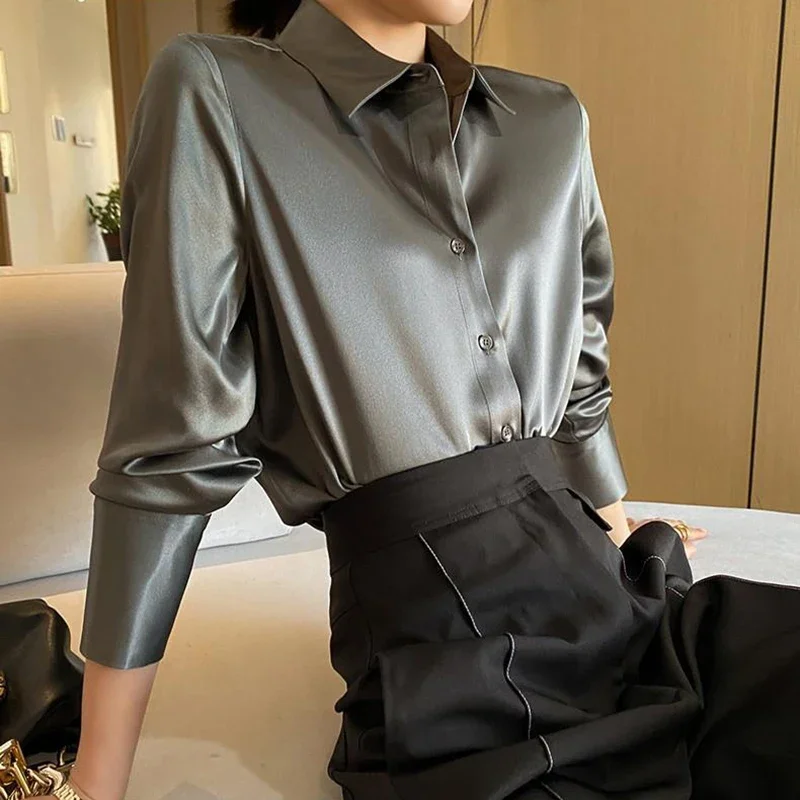 เสื้อซาตินแขนยาวแฟชั่น2024 rimocy เสื้อเชิ้ตผ้าไหมเทียมกระดุมแถวเดียวทรงหลวมปกเสื้อผู้หญิงสีล้วน