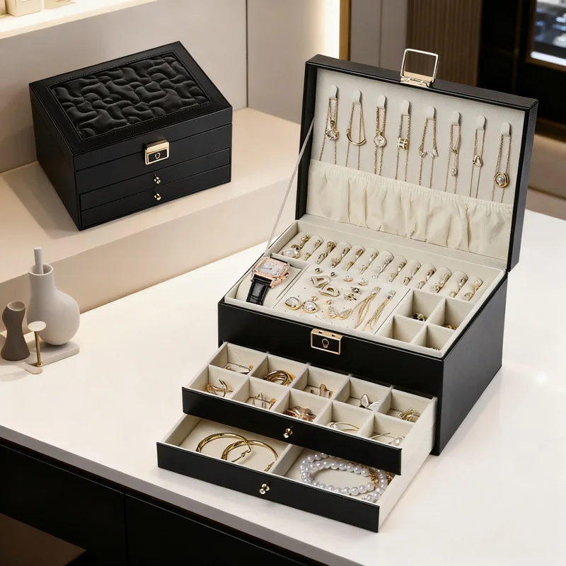 

Mutihome PU Leather Jewelry Box Multi layer Large capacity Drawer style Household Jewelry Ring Earring Storage Box Gift Box