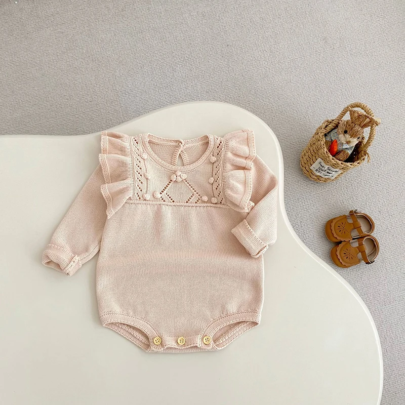 ربيع الخريف الطفل محبوك رومبير طفلة 0-24 متر رومبير طويلة الأكمام الوليد الصلبة الدانتيل طويلة الأكمام الملابس الرضع حللا