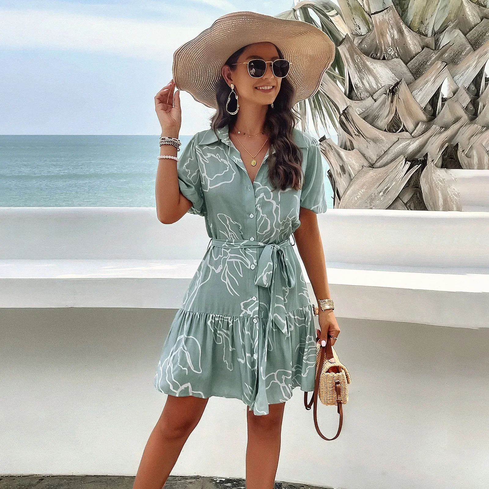 Elegant Women Summer Shirt Dress Short Sleeve Boho Mini Dress Casual Floral Lace-up Turn Down Collar Holiday Beach Dresses Party