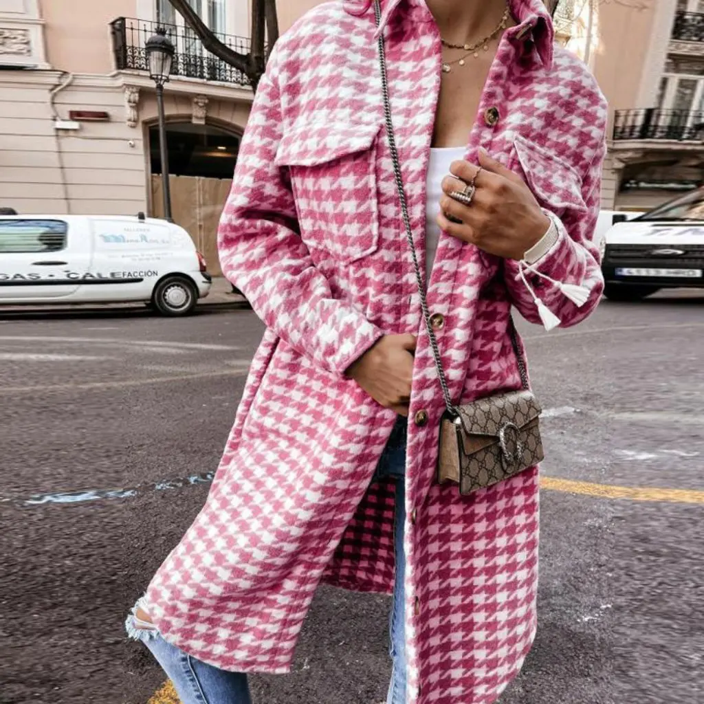 

Women's Houndstooth Woolen Coat Lapel Mid-Length Fashion Outerwear Autumn Winter European American Style Clothing