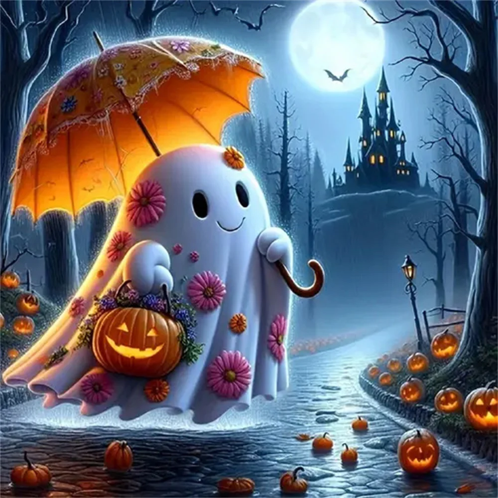 Night Ghost Diamond Painting Full Square Round Mosaic Cartoon Halloween Children's Room Decoration
