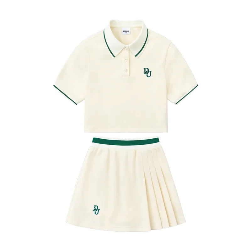 

2025 Summer Women Golf T-Shirt College Style Short Sleeve Polo Lapel Girl Pleated Skirt Set Inner Safe Shorts Sport Tennis Wear