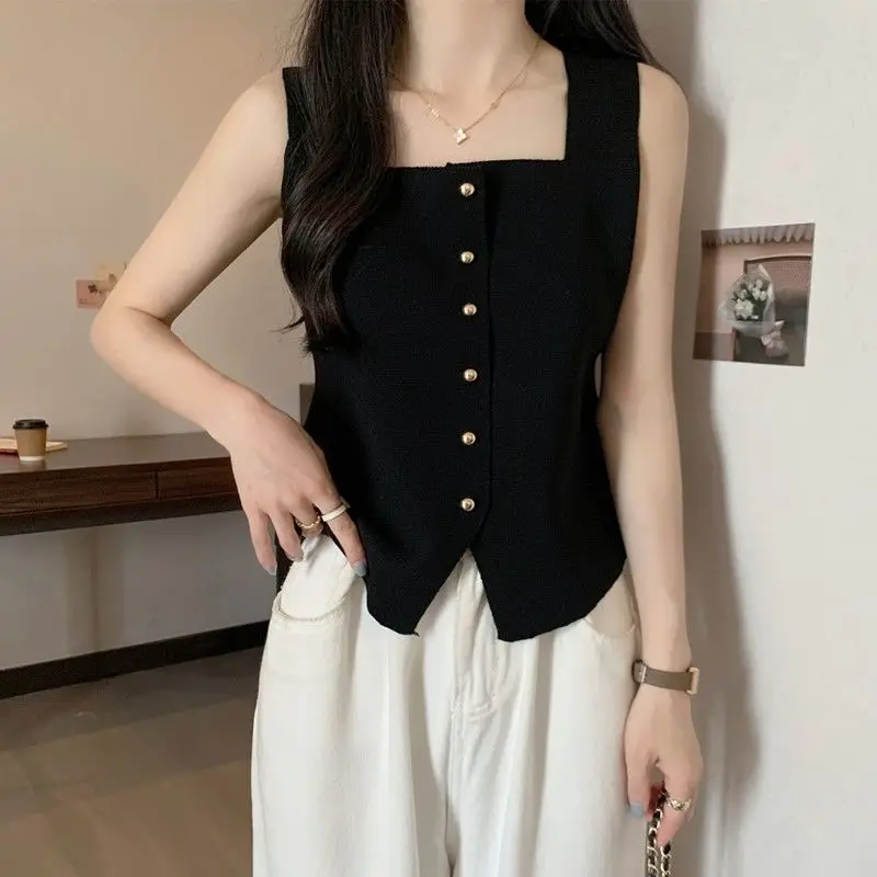 2024 Summer New Square Neck Design Ice Silk Tank Top Strap Single breasted Korean Solid Color Top Trendy