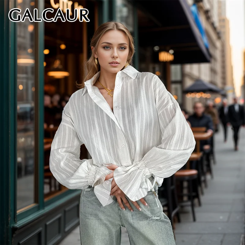 

GALCAUR Loose White Shirts For Women Laplel Long Sleeve Patchwork Drawstring Single Breasted Casual Spring Blouse Female 2024