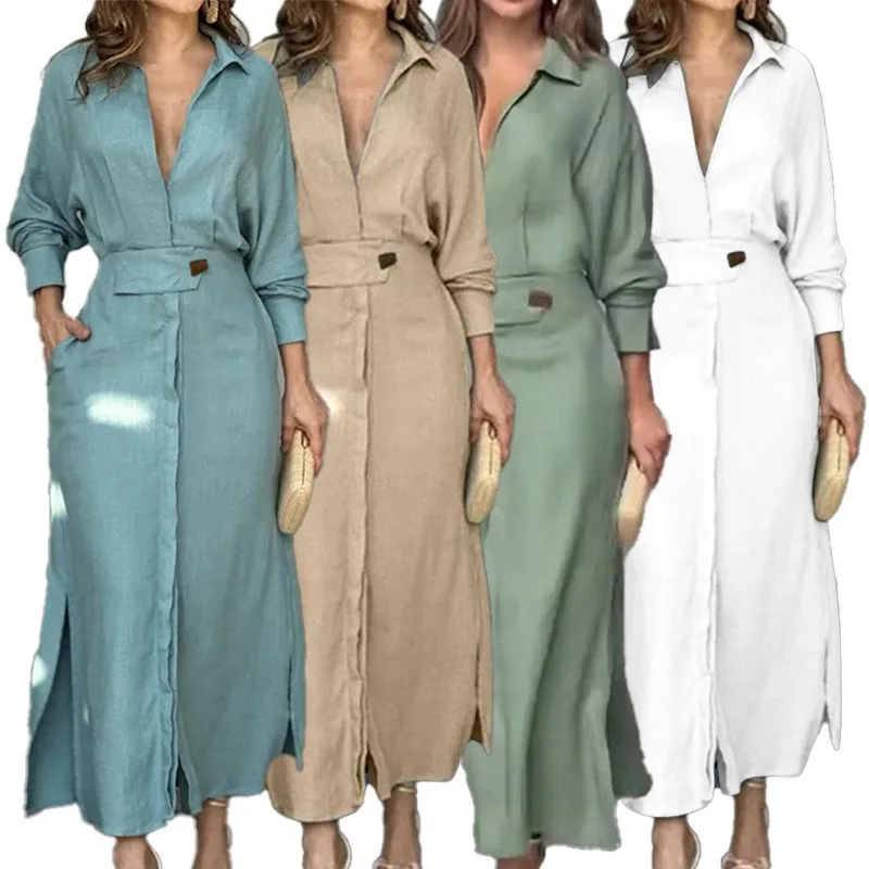 Spring Fall Elegant Women Dress Plus Size White Casual V Neck Lapel Long Sleeve Shirt Maxi Dresses Female Pocket Party Long Robe