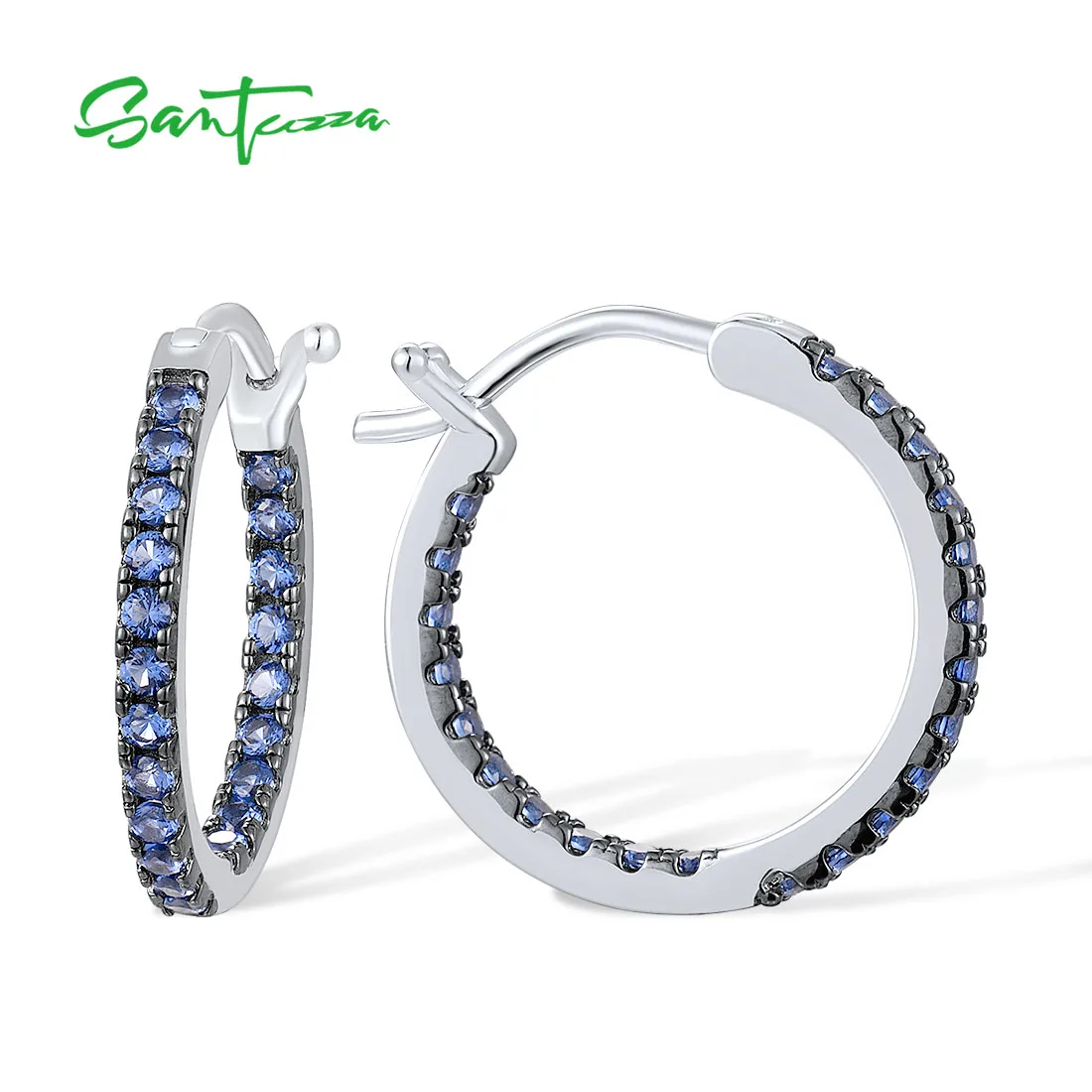 SANTUZZA 925 Sterling Silver Hoop Earrings For Women White/Blue CZ Black/Green Spinel Lab Created Ruby Simple Style Fine Jewelry