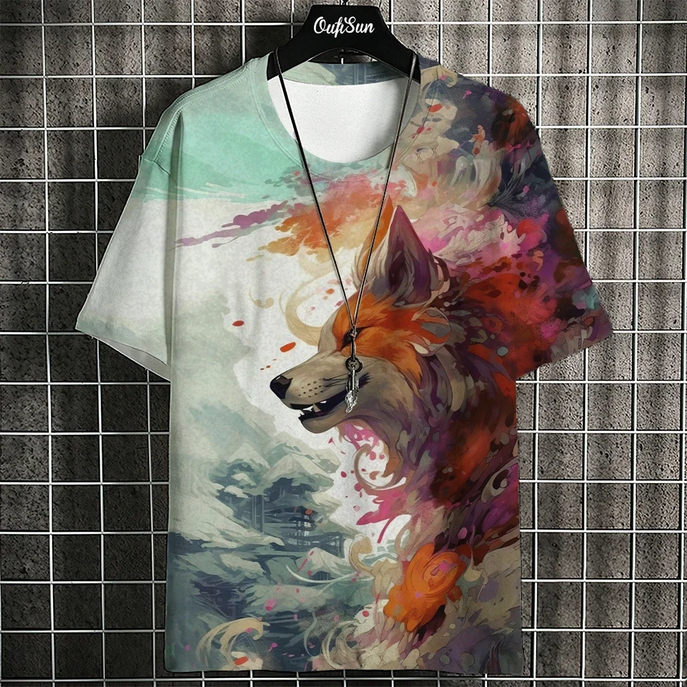 

Cartoon Anime Cat Printed T Shirt For Men Japanese Tees Wolf T-Shirt Outdoor Hip Hop Tops Clothes Casual Loose Short Sleeve Tees