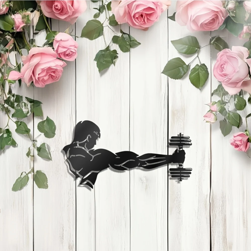 Bodybuilding Muscle Man Lifting Dumbbell Metal Wall Art, Rust-Resistant Iron Mural, Fitness Decor for Gym, Bedroom & Office
