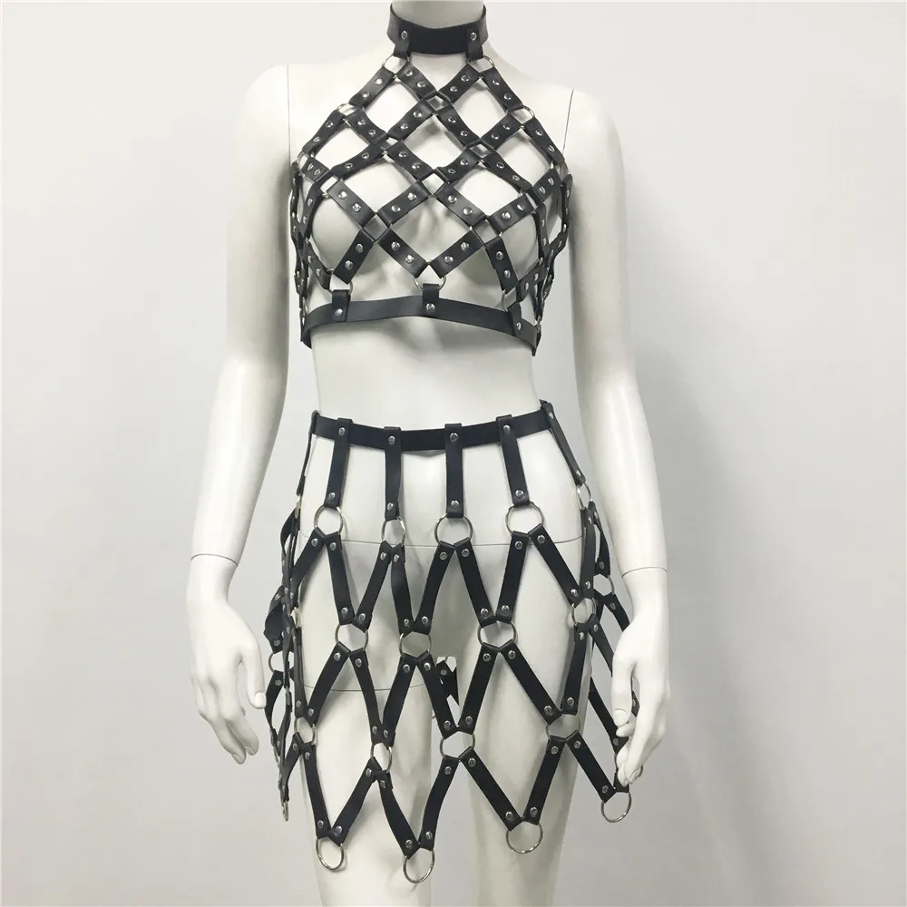 AKYZO Punk Bondage Hollow Out Crop Top and Mini Skirts Set for Women Gothic Faux Leather Festival Rave Sexy Clubwear Party Outfi