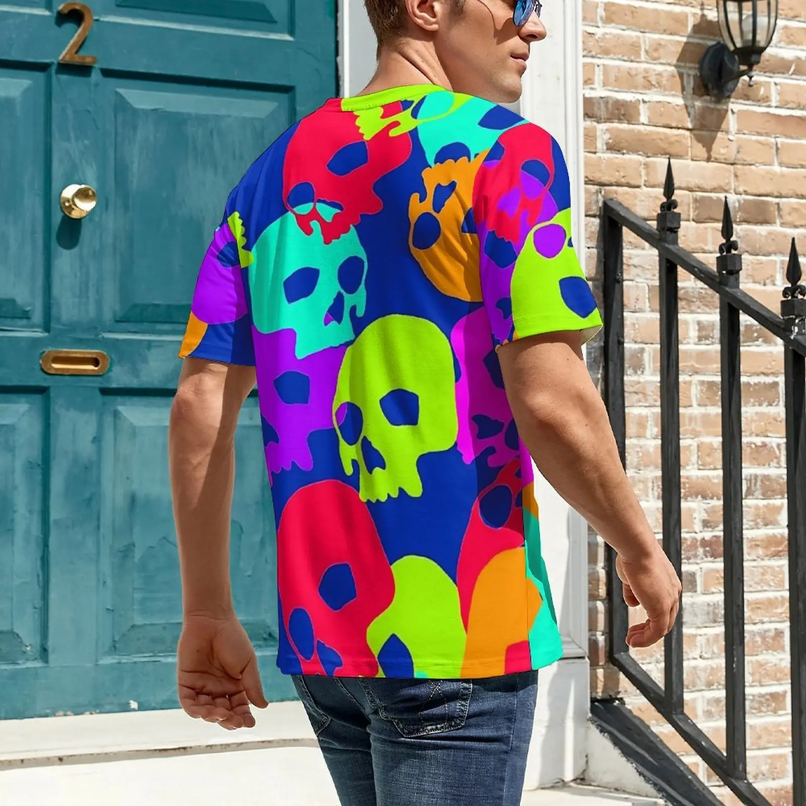 Candy Skull T Shirt For Mens Colorful Skulls Custom O Neck T Shirts Summer Hippie Tops Short Sleeve Funny Oversized Tees Present