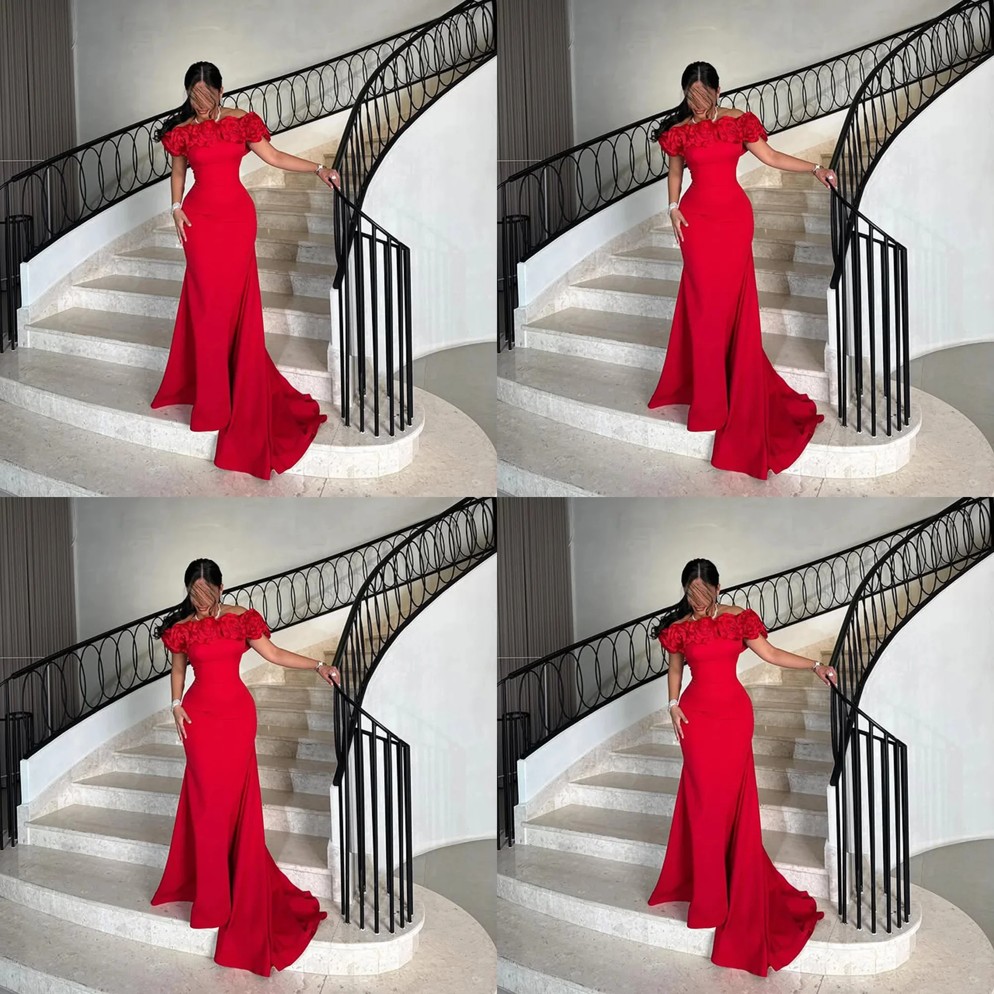 

customized Boat Neck mermaid Evening Dresses Flowers Off The Shoulder Side Slit Floor-Length Prom Gown Long Birthday party dress