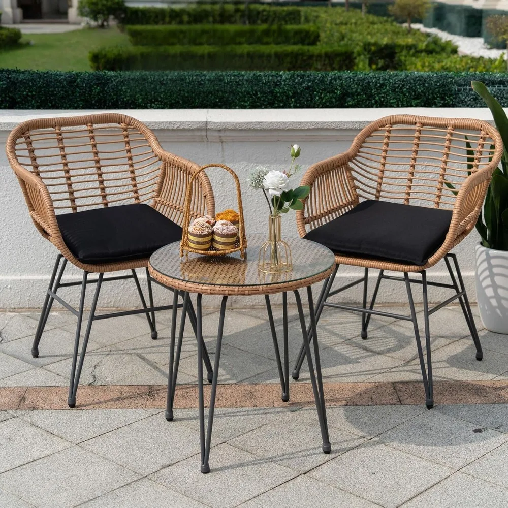 

3 Piece Outdoor Wicker Furniture Patio Bistro Set, Balcony Furniture Rattan Conversation Sets, Outdoor Patio Chairs Set for Porc