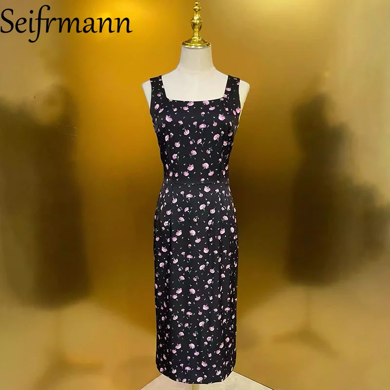 Seifrmann 2026 primavera mujer nueva moda cuello cuadrado sin mangas algodón estampado cintura vestido ceñido
