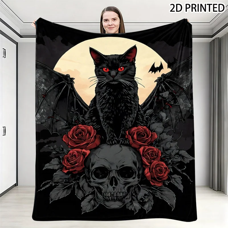 Vintage Dark Witchy Black Cat Skull Rose Night Scene Pattern Flannel Blanket Cozy Plush Bedspread Portable Travel Blanket