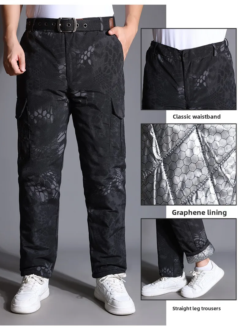Men's Winter Graphene Thermal Padded Pants Thickened Windproof Work Trousers Fleece Lining Outdoor Heavy Duty Casual Joggers