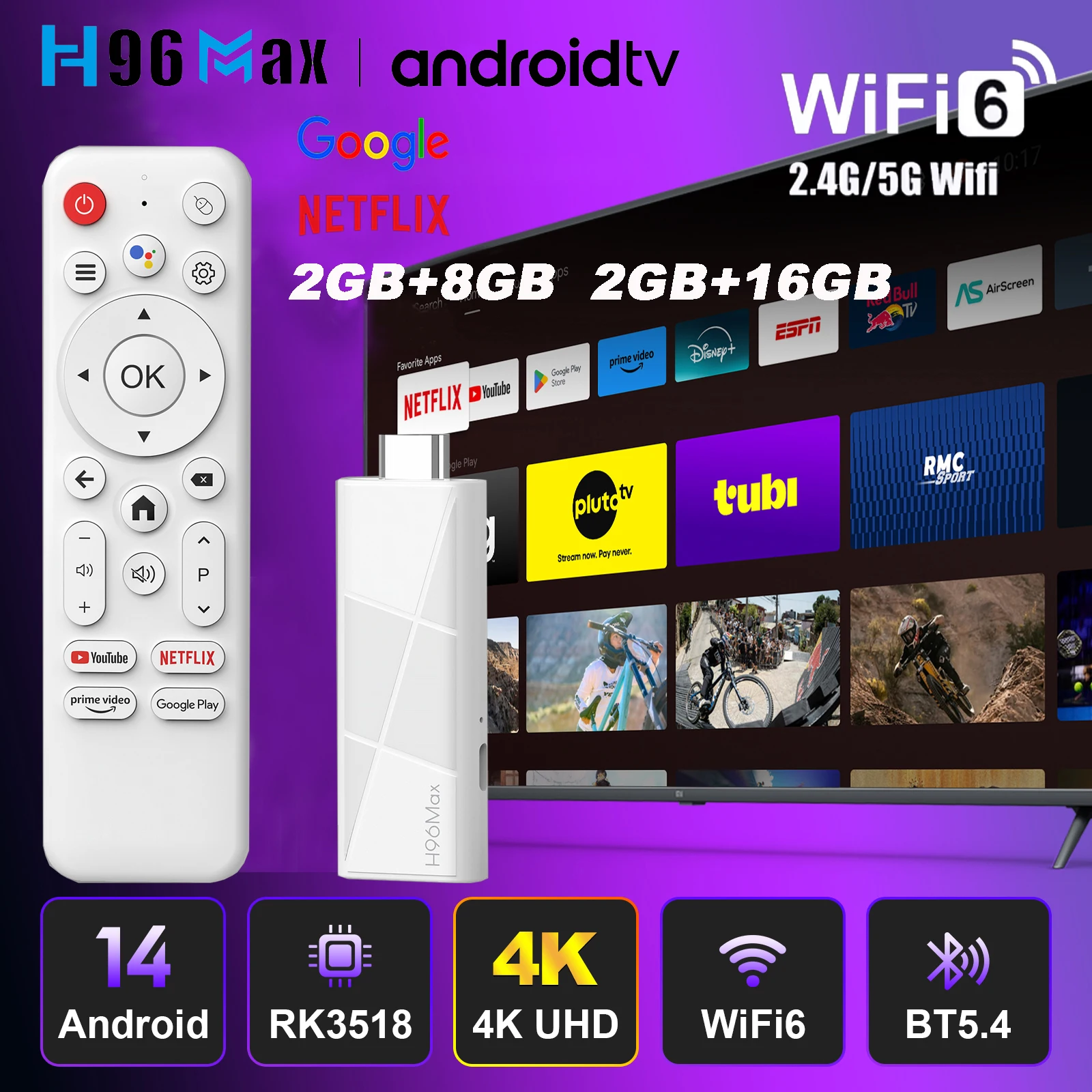 جهاز أندرويد 14 ATV جهاز استقبال للتليفزيون الذكي يدعم 4K فيديو 4K @ 60 إطارًا في الثانية BT5.4 WiFi6 Rockchip RK3518 رباعي النواة Google Voice Remote Smart TV Box