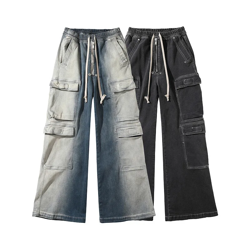 Rick RO style water-washed smoky gray gradient multi-pocket workwear straight-leg casual drawstring wide-leg bootcut loose jeans