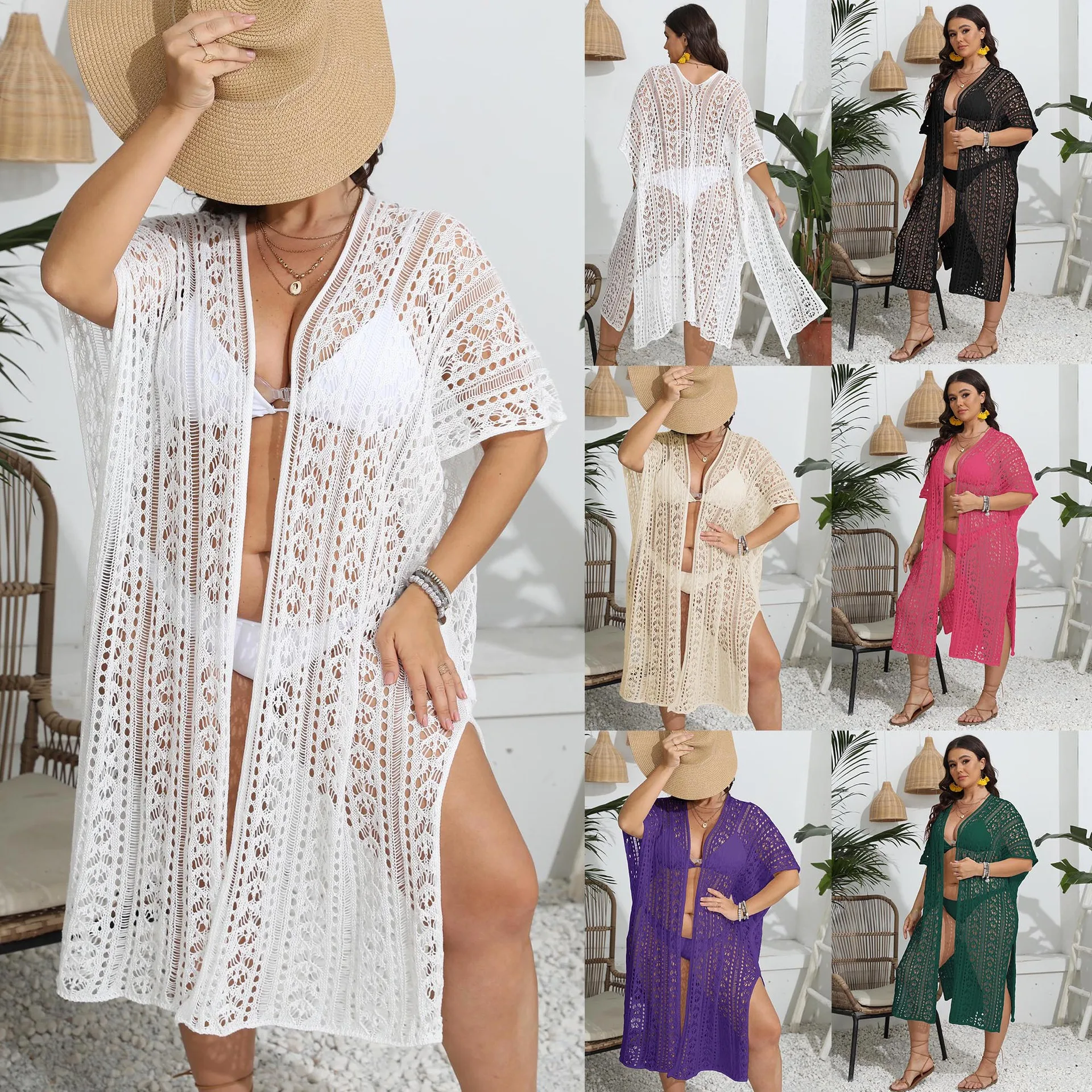 Plus Size Women Sexy Knitted Cardigan Beach Bikini Cover Up Dress Hollow Split Multi-color Oversize Beachwear