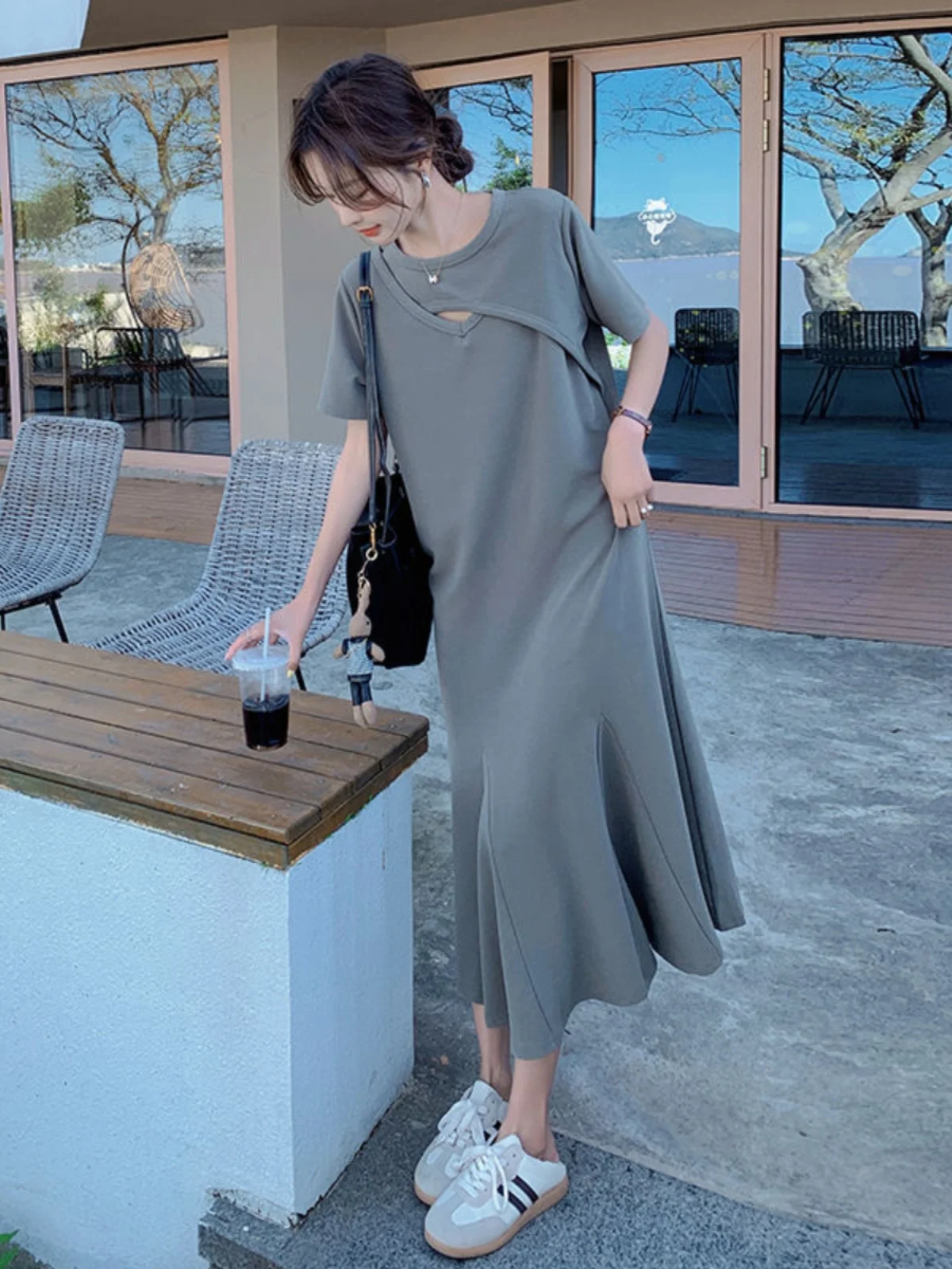 

plus Size Summer Slimming Short Sleeve Dress High Waist Knee-Length Loose Fit Women's Dress Korean Style Straight Cut Dress