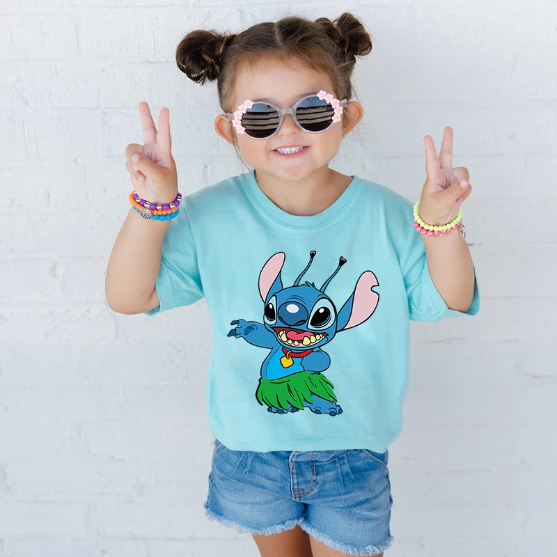 Stitch Bedrukt Kids T-Shirt Blauw Casual Tops Zomer Kinder Katoenen Korte Mouwen Geschikt Voor Jongens En Meisjes