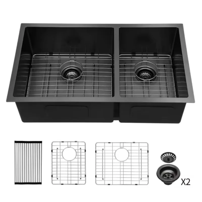 ATV Modern Large Double Bowl Kitchen Sink With Drain Board 33x19 Inch, American 304 Stainless Steel Undermount Commercial Sink