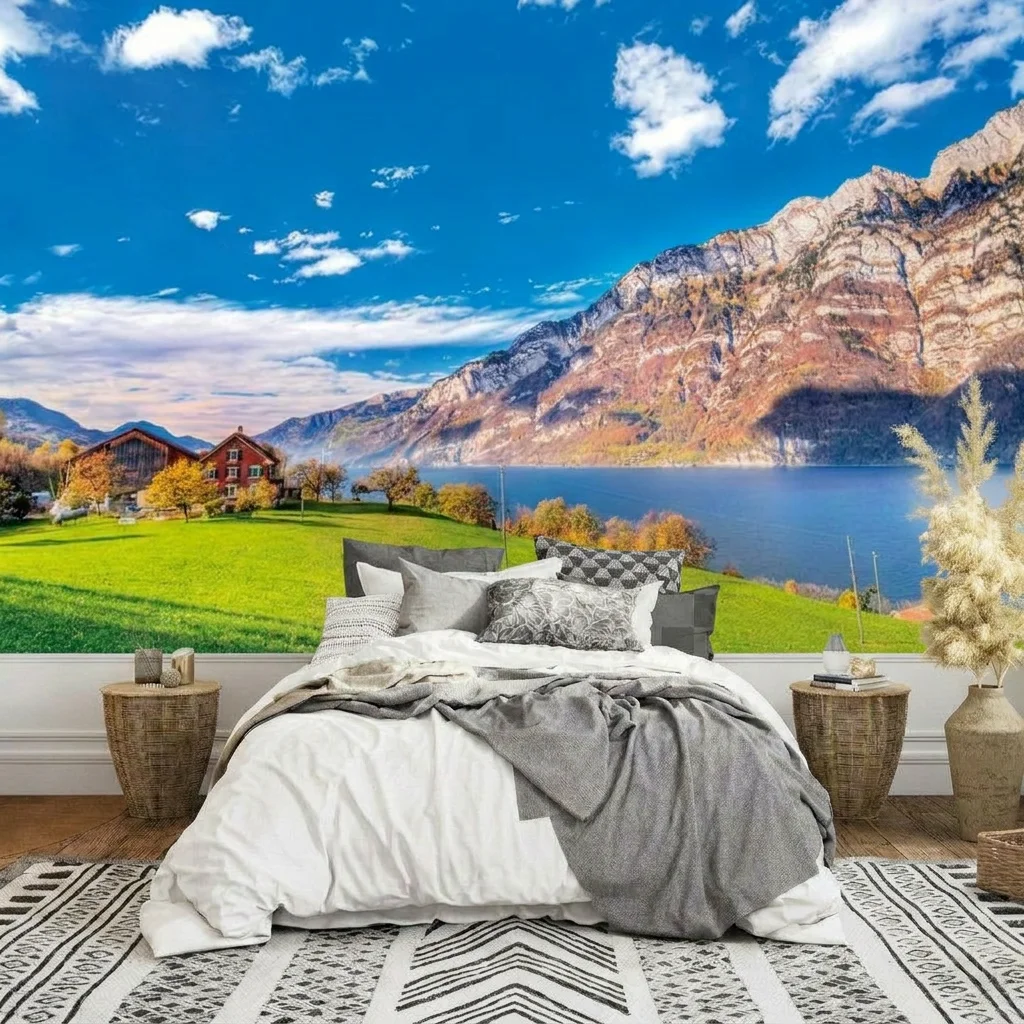 Lakeside wooden cabins and layered mountain ranges, background wall for living room and bedroom, self-adhesive material.