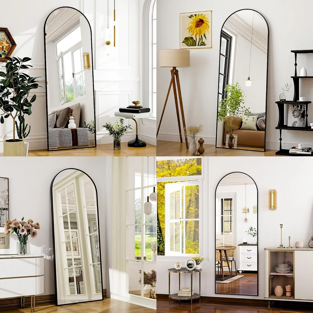 Gebogen, aan de muur gemonteerde spiegel met aluminium frame over de volledige lengte voor badkamer, woonkamer en slaapkamer