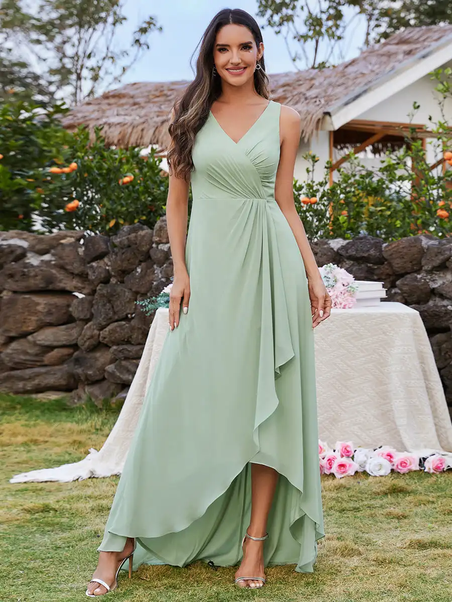 

Elegant Evening Dresses V-neck Sleeveless Asymmetrical Ruffles Hem 2024 Ever Pretty of Chiffon Mint Green Bridesmaid dress