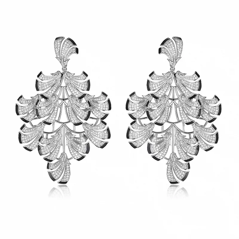 SENYU Art Inspired Large Leaf Drop Earrings Silver Plated Pave CZ and Green,Black Enamel Exaggerated Floral Luxury Party Jewelry